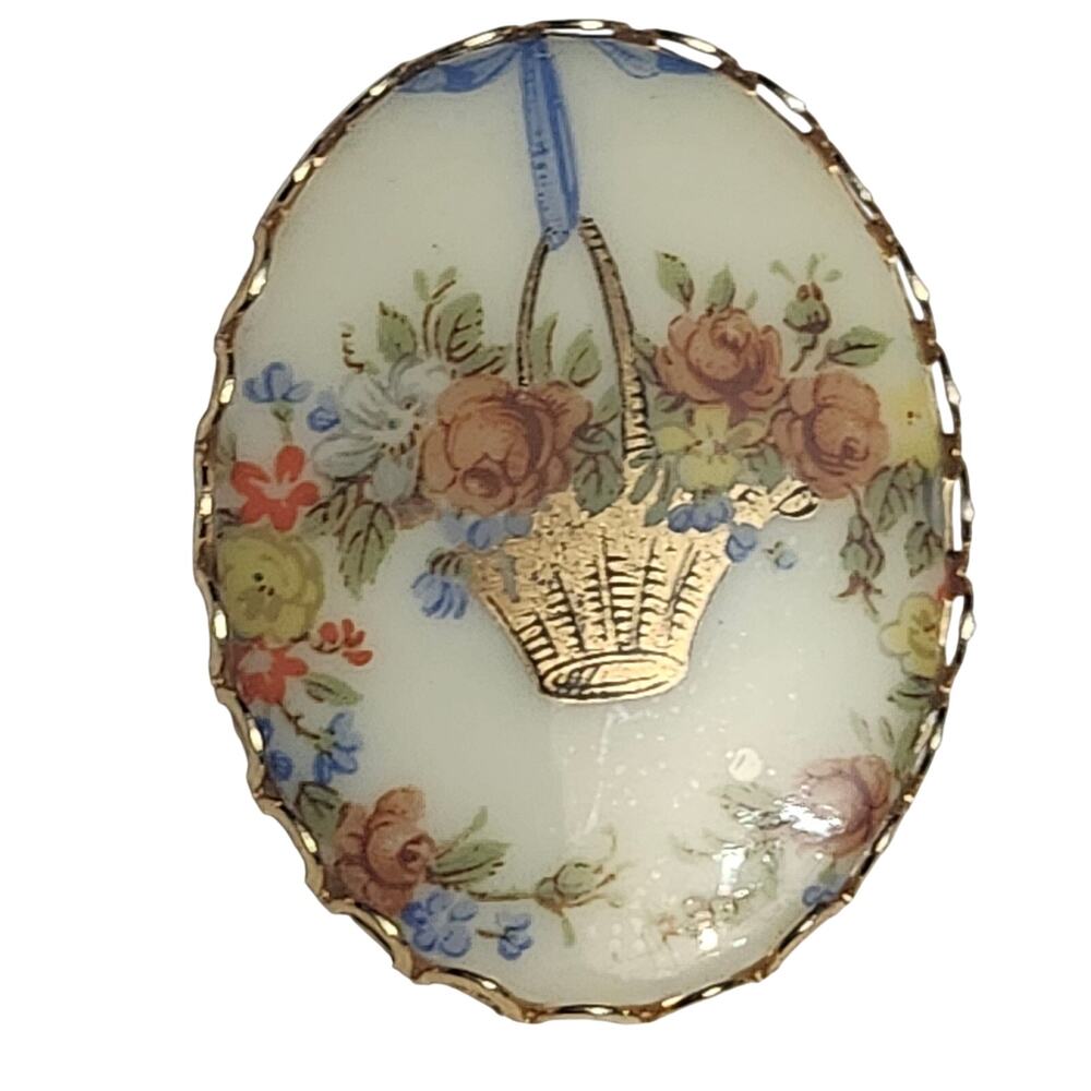 Vtg Hand Painted Signed Floral Basket Gold Accent Pin Brooch